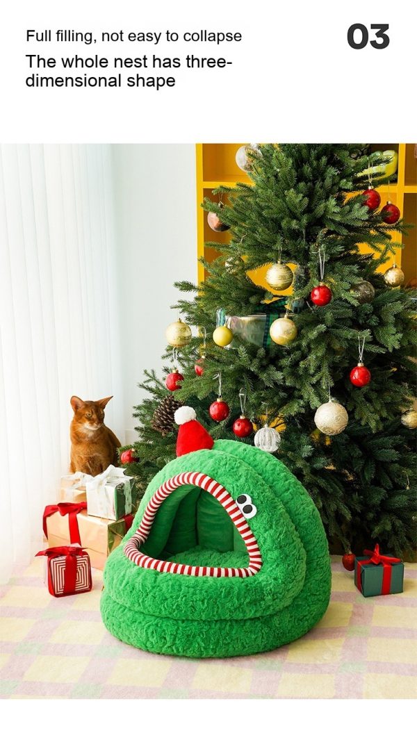 Christmas Green Furry Yurt Cat Nest Semi-closed And Removable Washing - Image 9