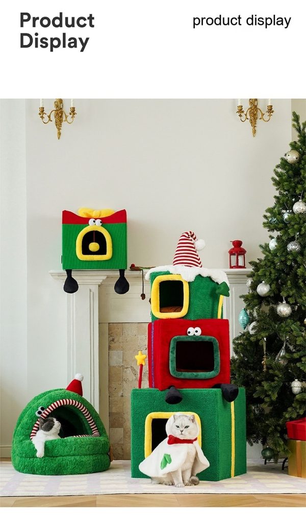 Christmas Green Furry Yurt Cat Nest Semi-closed And Removable Washing - Image 10
