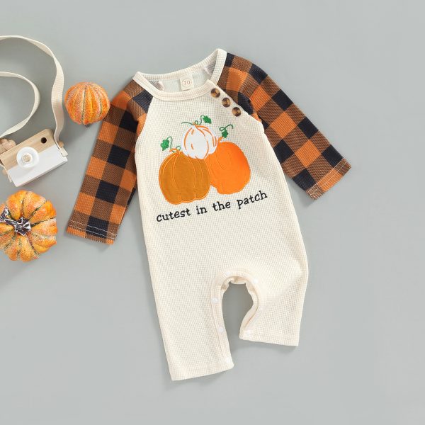 Children's Clothing Pumpkin Element Long-sleeved Patchwork Romper - Image 3