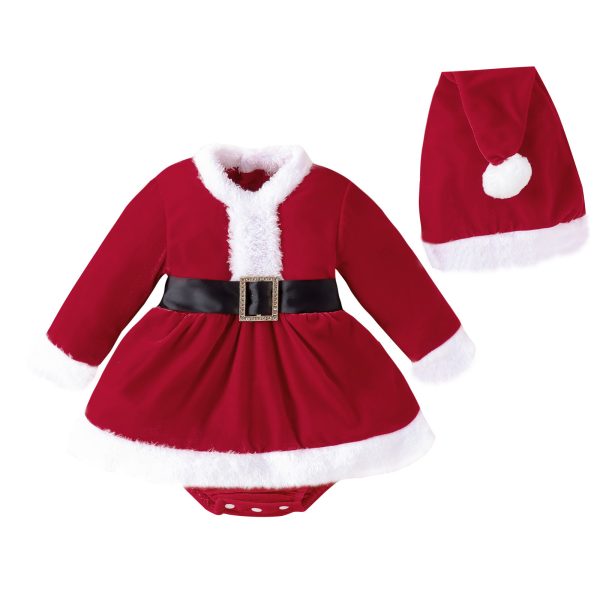 Christmas Pleuche Long Sleeve Stitching Furry Skirt Belt Hat Bottom-covering Rompers - Image 5