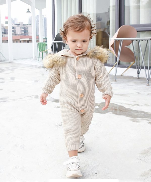 Children's Hooded Fur Collar Knitted Jumpsuit - Image 4