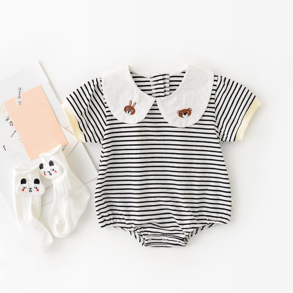 MILANCEL Summer New Baby Bodysuit Peter Pan Collar Cotton Toddle Jumpsuit Striped Short Sleeve Infant Clothes - Image 2