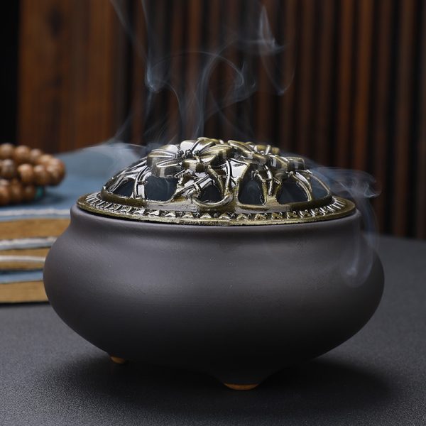 Copper Lid Ceramic Incense Burner Buddha with Antique Alloy Wire Incense Burner - Image 6