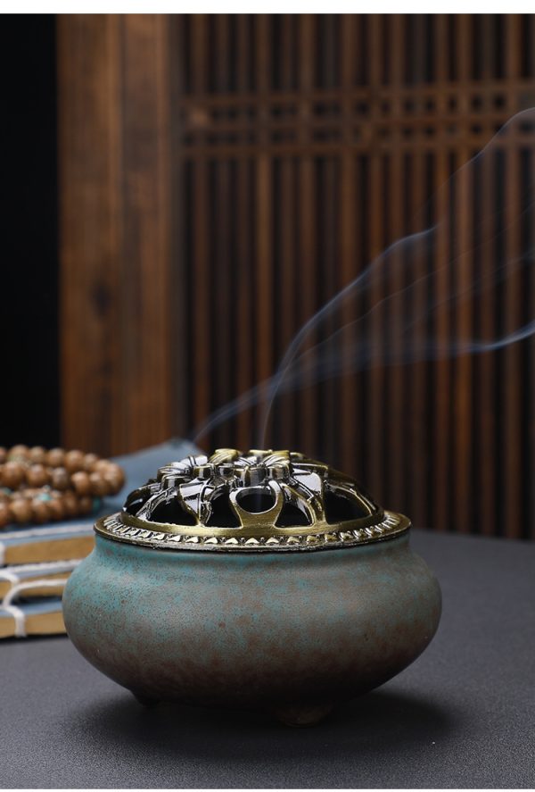 Copper Lid Ceramic Incense Burner Buddha with Antique Alloy Wire Incense Burner - Image 5