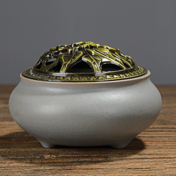 Copper Lid Ceramic Incense Burner Buddha with Antique Alloy Wire Incense Burner - Image 8