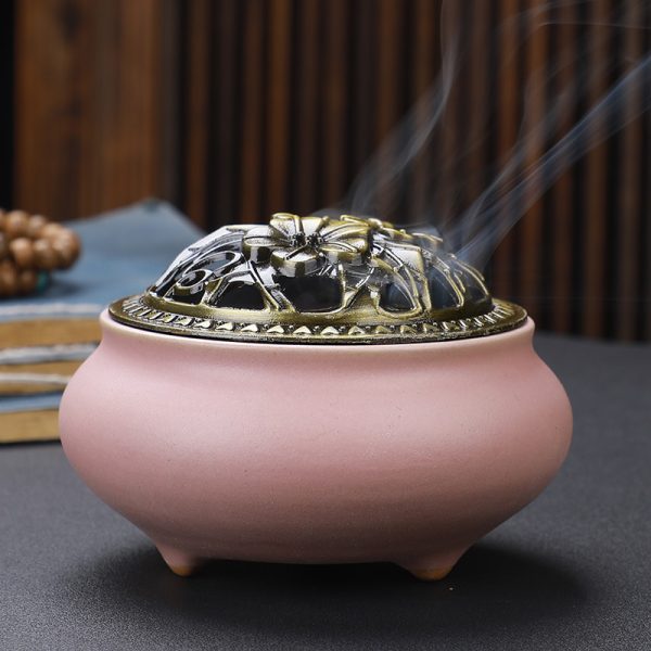 Copper Lid Ceramic Incense Burner Buddha with Antique Alloy Wire Incense Burner - Image 10