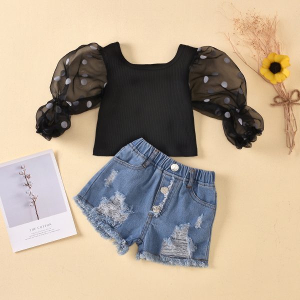 Children'S Clothing Cotton Dot Mesh Sleeves Striped Top Ripped Denim Shorts Kids Suit - Image 4