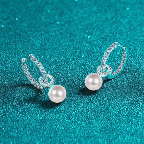 925 Sterling Silver Freshwater Pearl Inlaid Moissanite Earrings - Image 2