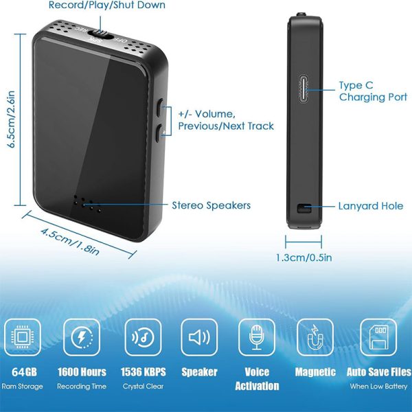 Voice Recorder, Extra-long Standby, Stereo Speaker, Built-in Magnet, Black Mirror - Image 4