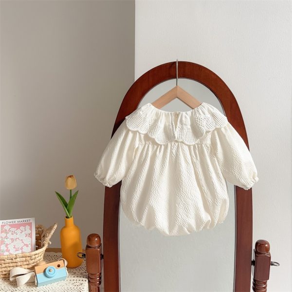 Newborn Hollow Out Lace Collar Long Sleeve Onesie - Image 3