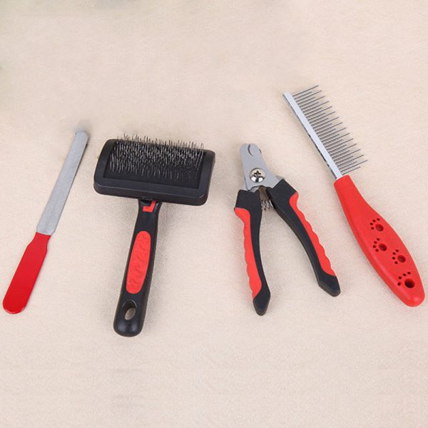 Dog Grooming Four-piece Comb Brush Nail Scissors File Cleaning Kit - Image 4