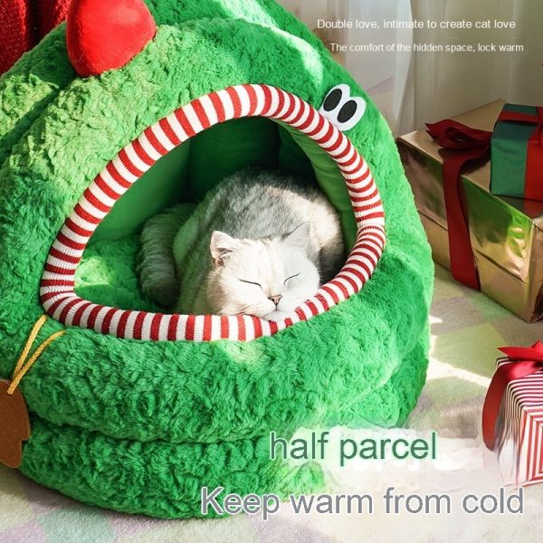 Christmas Green Furry Yurt Cat Nest Semi-closed And Removable Washing - Image 3