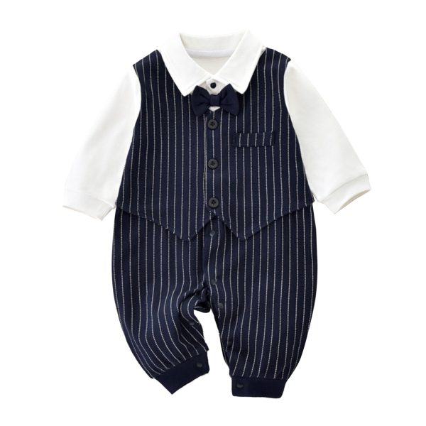 Baby Onesie Suit With Bow Tie Super Soft Breathable Cotton Long Sleeve Baby Gentleman Jumpsuit Blue 80 - Image 2