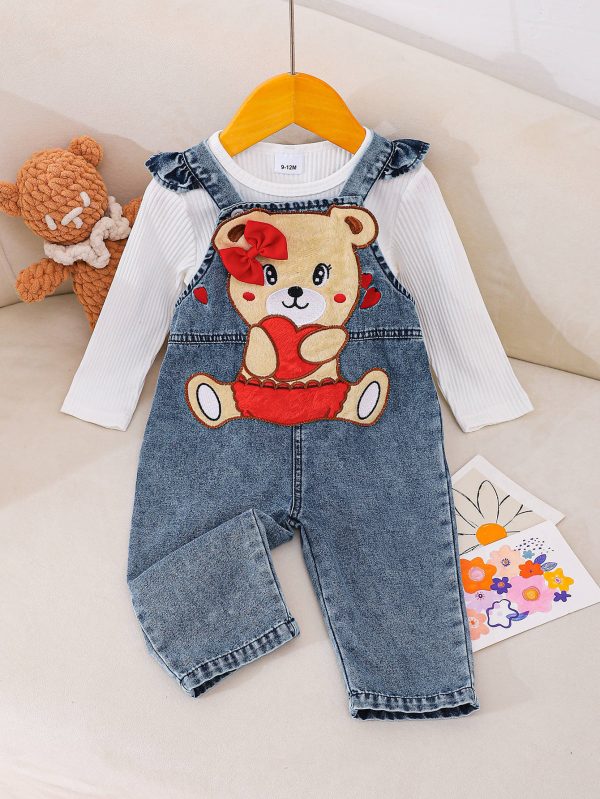 Children's Cute Bear Embroidered Denim Suspender Pants Suit - Image 6