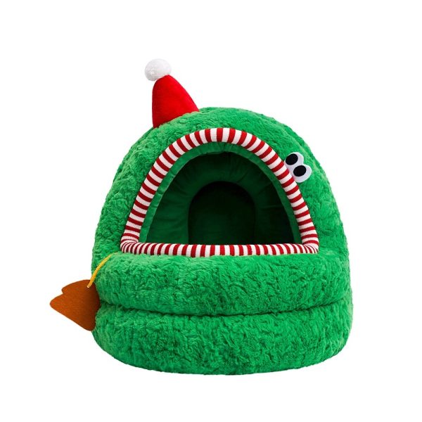 Christmas Green Furry Yurt Cat Nest Semi-closed And Removable Washing - Image 5