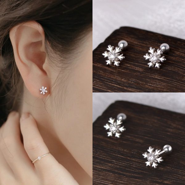 S999 Silver Earrings Ear Bone Pin Simple Snowflake Ear Bone Stud Diamond - Image 2