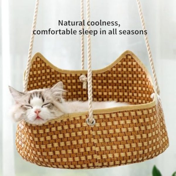 Breathable Cat Hammock - Rattan Crafted Cat Cage With Metal Hooks - Indoor Outdoor Pet Bed- Comfortable Cat Perch For Sleeping Playing Climbing, And Lounging - Image 4