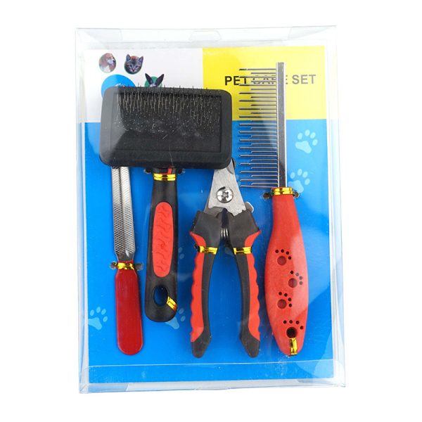 Dog Grooming Four-piece Comb Brush Nail Scissors File Cleaning Kit - Image 3