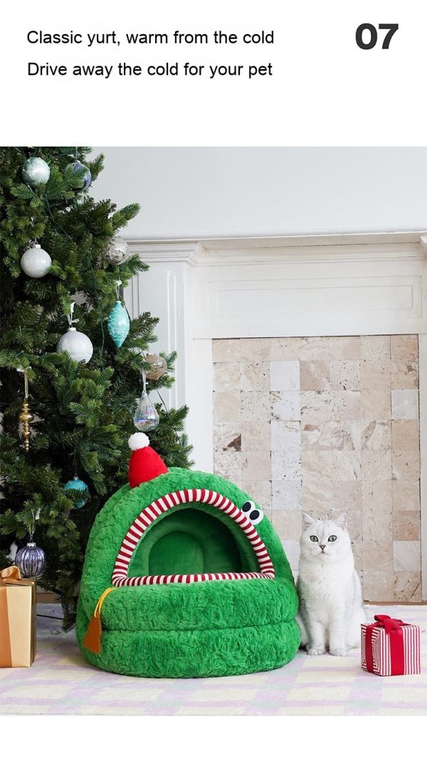 Christmas Green Furry Yurt Cat Nest Semi-closed And Removable Washing - Image 8