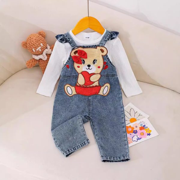 Children's Cute Bear Embroidered Denim Suspender Pants Suit