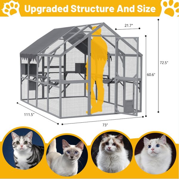 Outdoor Cat House Cat Fence, Upgraded Waterproof Cover - Gray