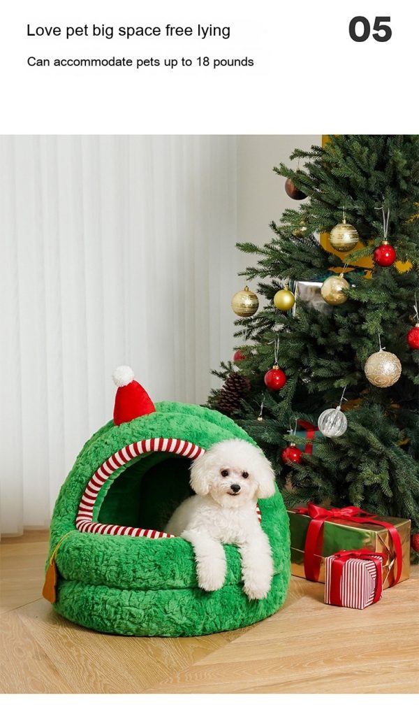 Christmas Green Furry Yurt Cat Nest Semi-closed And Removable Washing - Image 7