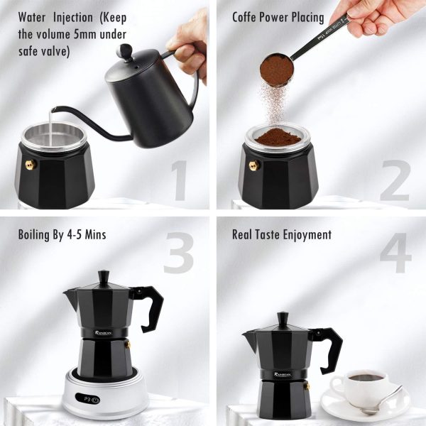 Stovetop Espresso Maker Espresso Cup Moka Pot Classic Cafe Maker Percolator Coffee Maker Italian Espresso for Gas or Electric Aluminum Black Gift package with 2 cups Amazon Platform Banned - Image 3