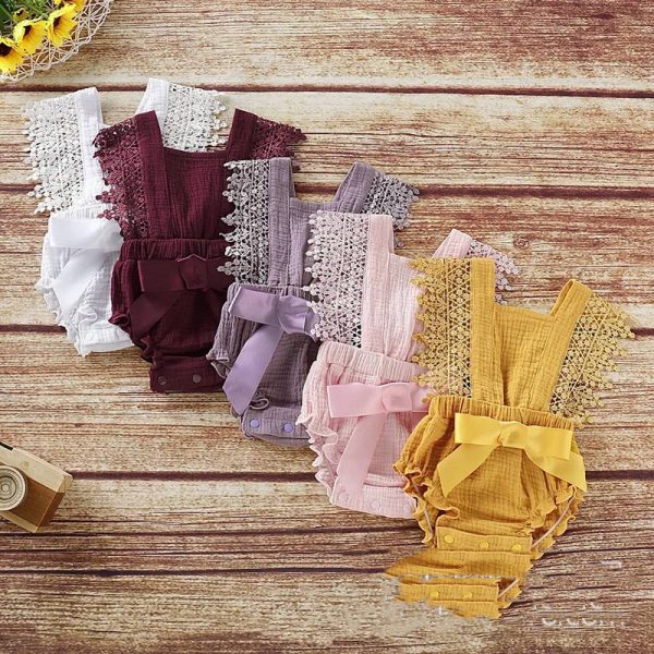European And American Cute And Popular Baby Romper Lace Cotton And Linen Bow Romper - Image 3