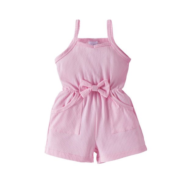 Girls' Bow Suspenders Sunken Stripe Solid Color Jumpsuit - Image 5