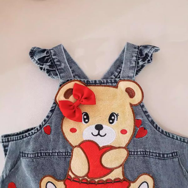 Children's Cute Bear Embroidered Denim Suspender Pants Suit - Image 3