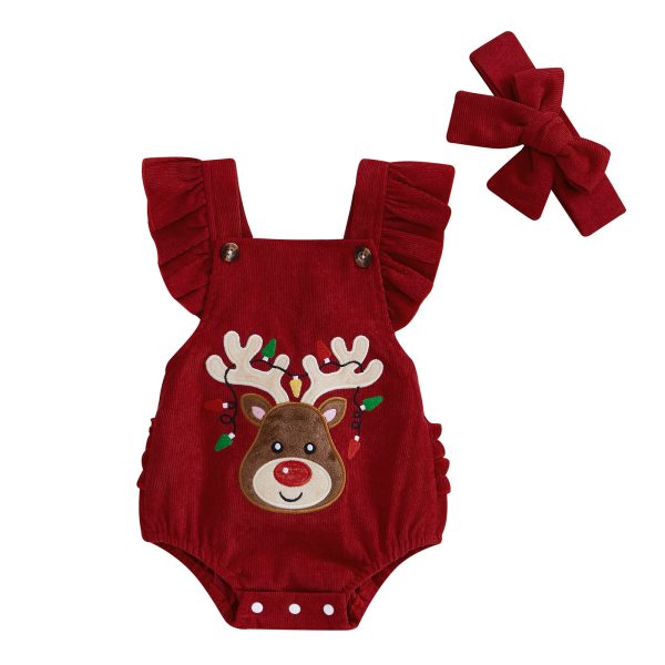 New Baby Girl Christmas Clothes Embroidered Pleated Sleeveless Lantern Velvet Jumpsuit - Image 3