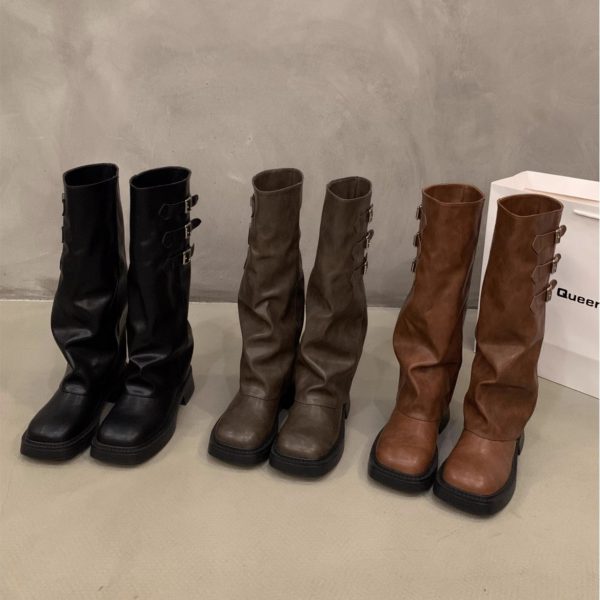 Women's Thick-soled Retro Pantyhose Long Biker Boots Shoes - Image 2