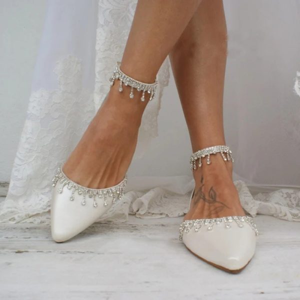 Tassel Rhinestone Decorative White Flat Shoes - Image 2