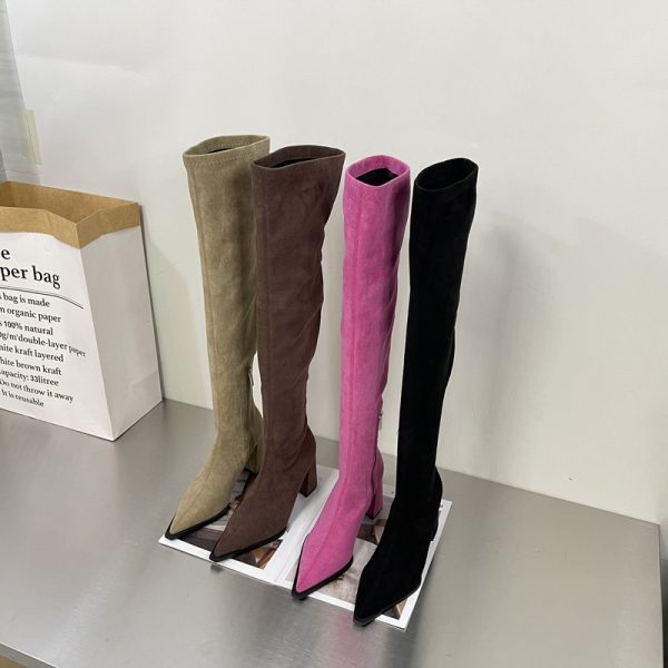 Chunky Heel High Heel Long Suede Zipper Stretch Thin Boots