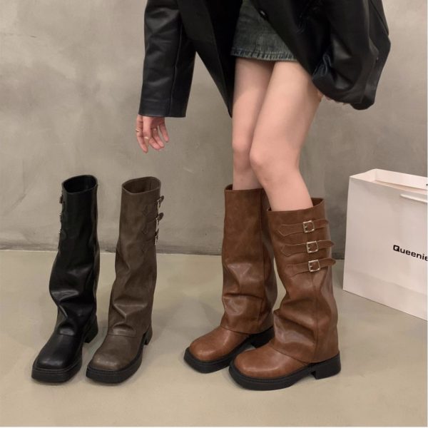 Women's Thick-soled Retro Pantyhose Long Biker Boots Shoes