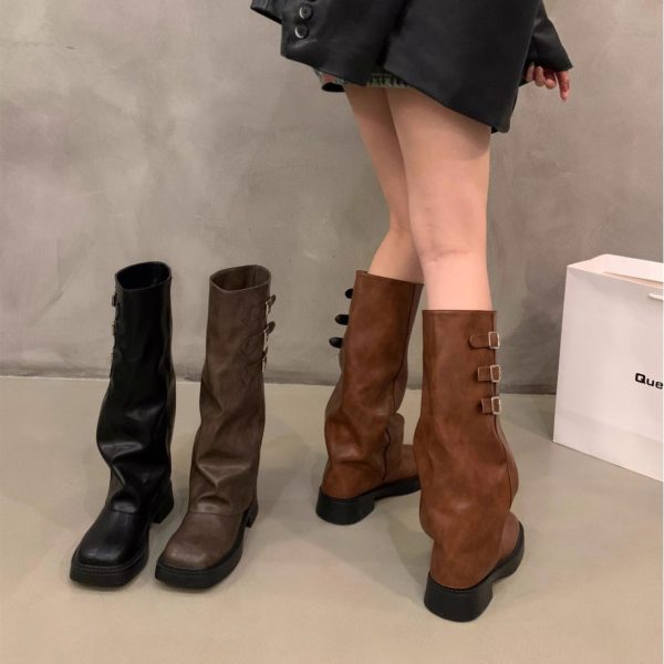 Women's Thick-soled Retro Pantyhose Long Biker Boots Shoes - Image 5