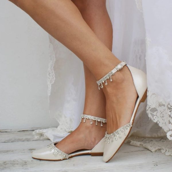 Tassel Rhinestone Decorative White Flat Shoes - Image 3