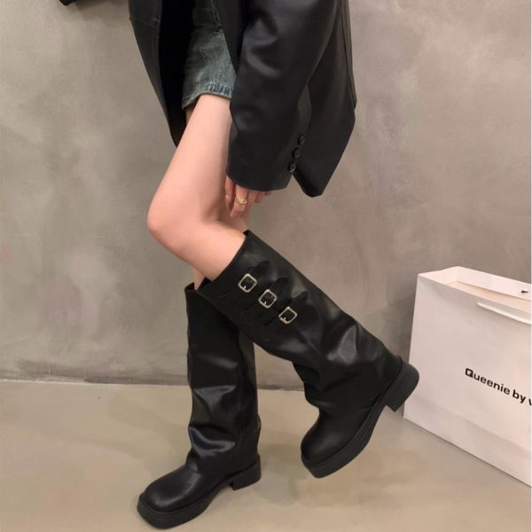 Women's Thick-soled Retro Pantyhose Long Biker Boots Shoes - Image 3