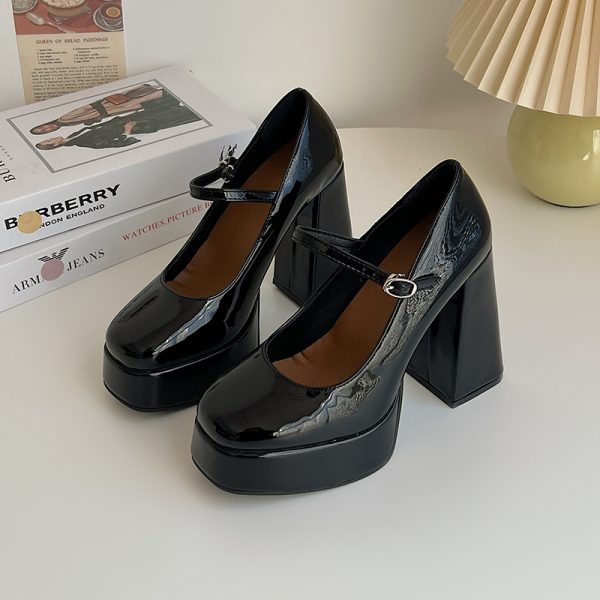 Black Retro New Spring And Autumn French Chunky Heel High Heel Shoes - Image 6