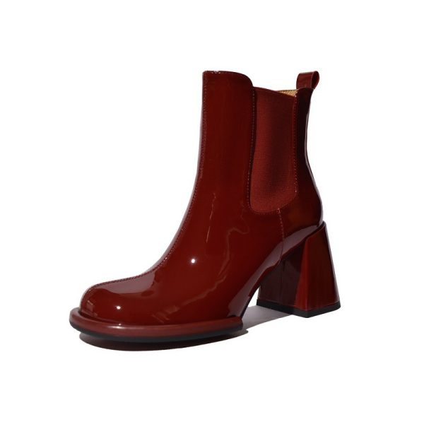 Round End Chimney Boots With Thick Heels And Patent Leather Short Boots - Image 5