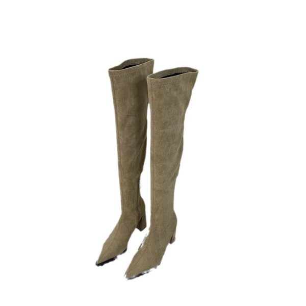 Chunky Heel High Heel Long Suede Zipper Stretch Thin Boots - Image 5