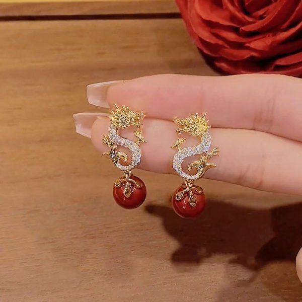 Chinese Style Festive New Year Red Beads Zodiac Dragon Stud Earrings - Image 3