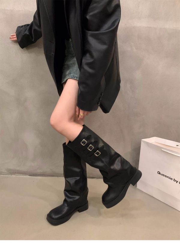 Women's Thick-soled Retro Pantyhose Long Biker Boots Shoes - Image 6