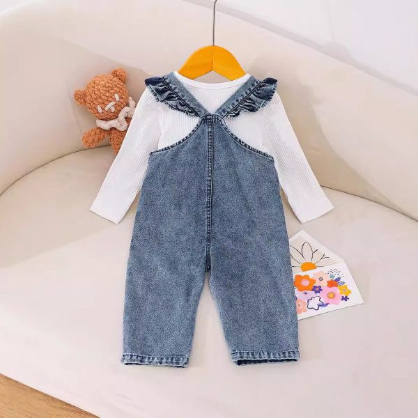 Children's Cute Bear Embroidered Denim Suspender Pants Suit - Image 2