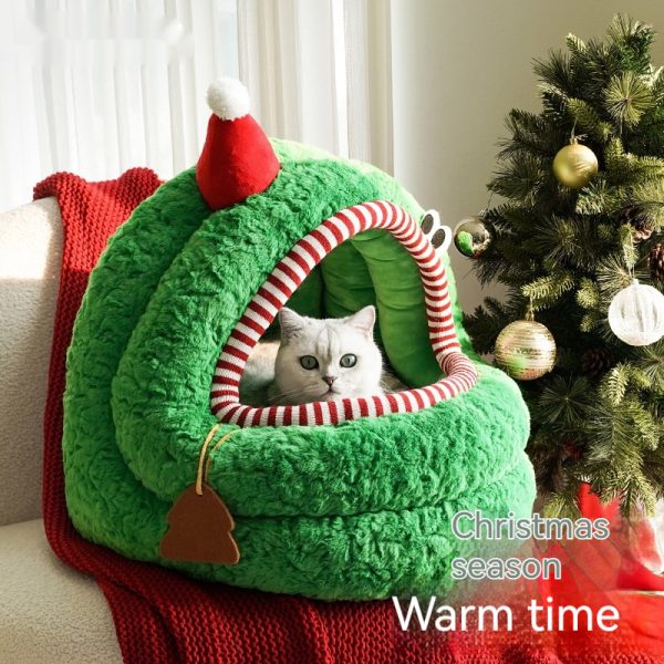 Christmas Green Furry Yurt Cat Nest Semi-closed And Removable Washing - Image 6