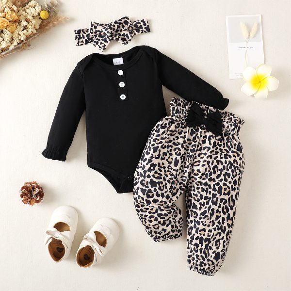 Infant Cotton Long-sleeved Tight Romper Plus Leopard Patterned Pants