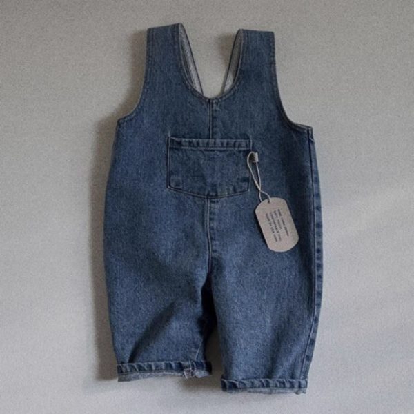 Korean Style Denim Blue Solid Color Pocket Siamese Suspender Trousers For Boys And Girls - Image 3