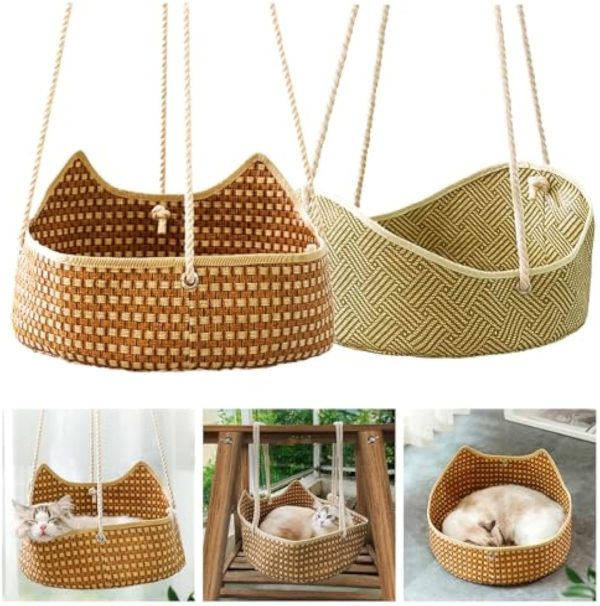 Breathable Cat Hammock - Rattan Crafted Cat Cage With Metal Hooks - Indoor Outdoor Pet Bed- Comfortable Cat Perch For Sleeping Playing Climbing, And Lounging - Image 6