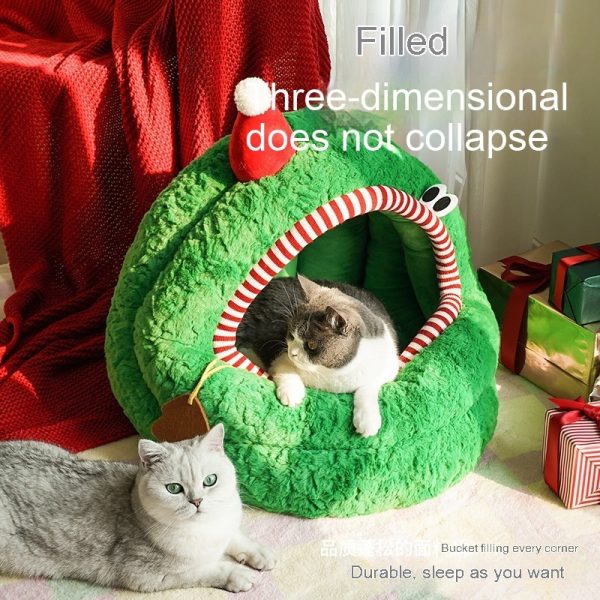 Christmas Green Furry Yurt Cat Nest Semi-closed And Removable Washing - Image 4