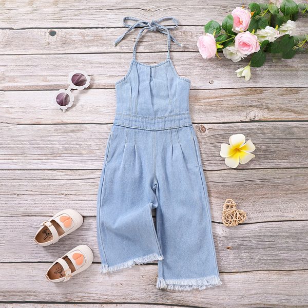 Girls Hollow-out Camisole Denim Jumpsuit